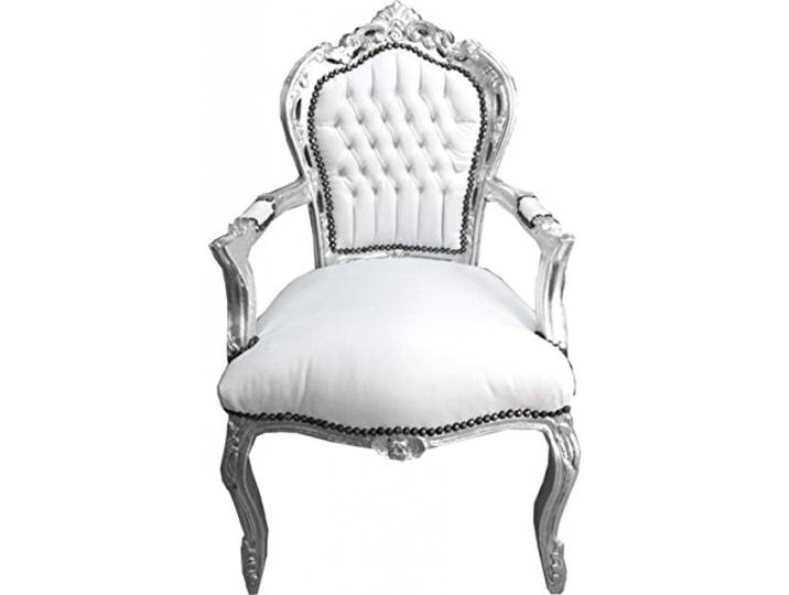 Casa Padrino Barock Esszimmer Stuhl mit Armlehnen Weiß/Silber Lederoptik - Möbel Antik Stil