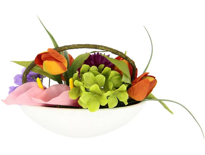 Gestecke OTTO HOME Tulpe, Calla, Hortensie, Gerbera , bunt, B:23cm H:16cm L:10cm, Kunstpflanzen, Gestecke, In Schale, Kunstblume, Seidenblume