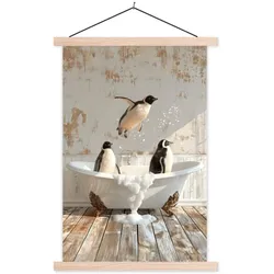 POSTER MIT MAGNETLEISTEN Vintage - Pinguin - Badewanne - Schaumstoff Deko Wohnzimmer 40x60 cm