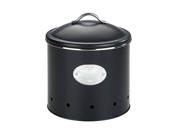 WENKO Aufbewahrungsdose Mod. Nero mit Löchern, 4 Liter, luftdurchlässige Dose aus lackiertem Metall mit silberfarbener Applikation, Retro-Design, Ø 18,7 x 21 cm, Schwarz