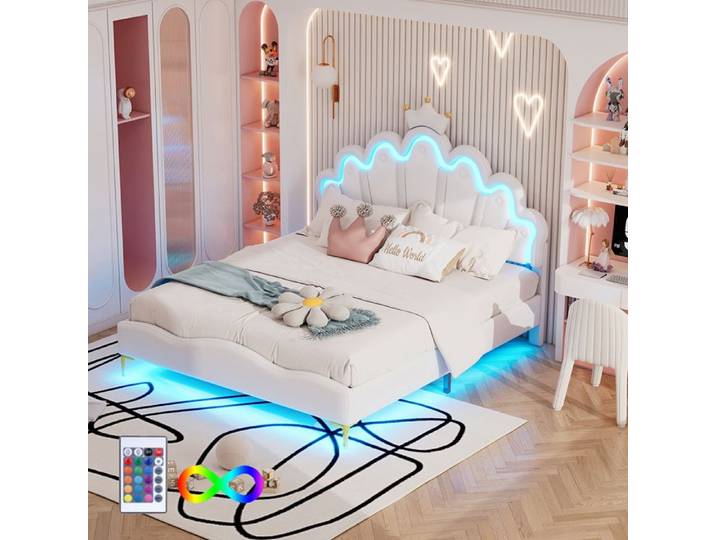Lit jeune Lit coffre 140x200 cm Lit double rembourrage doux en cuir PU LED réglable blanc