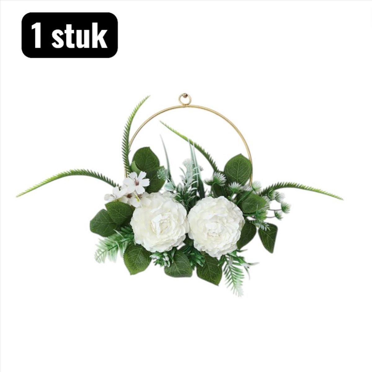 Kant-en-klare wanddecoratie set met gedroogde bloemen en takken, ronde decoratie met witte bloemen en ophangsysteem