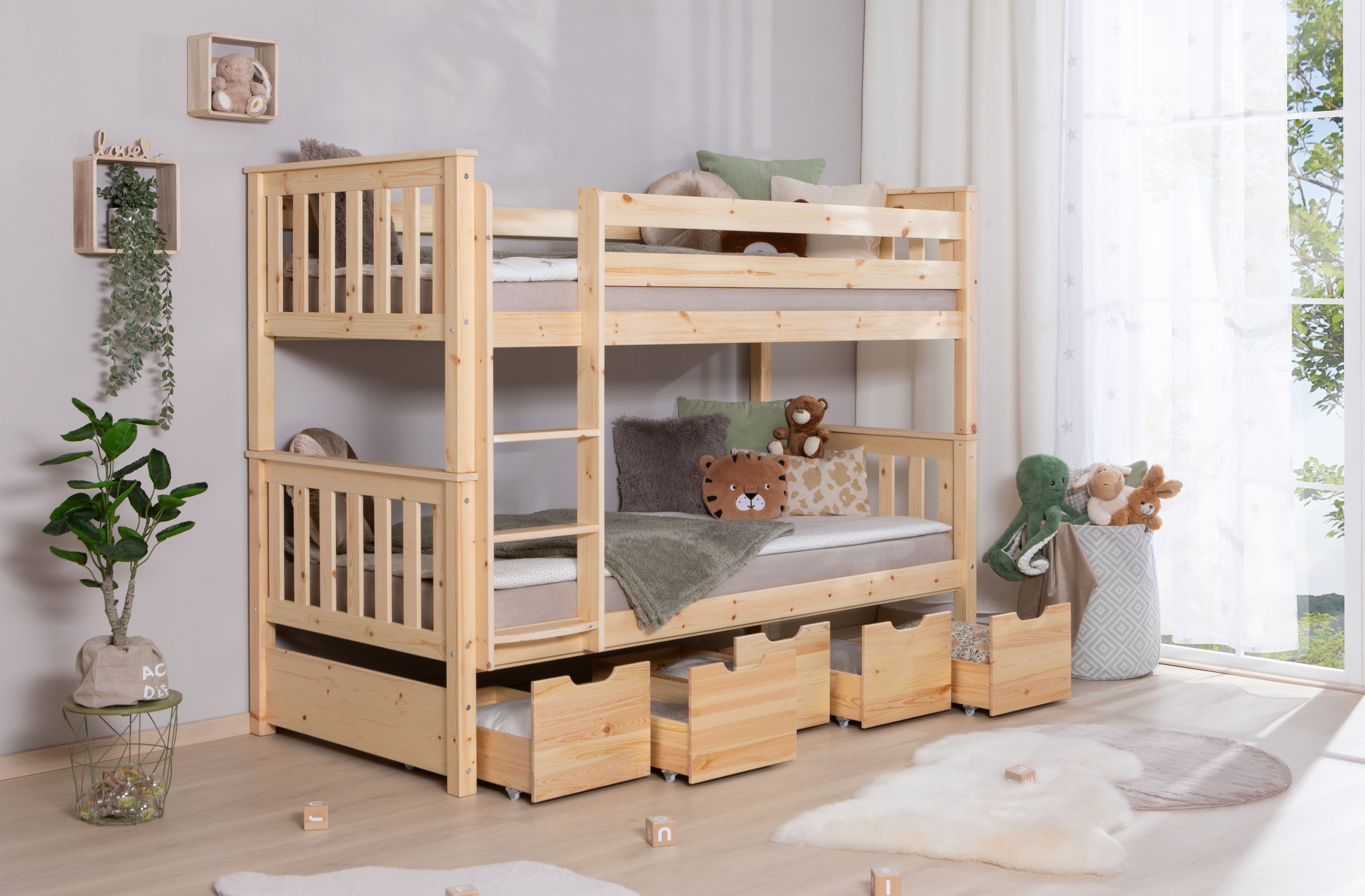 Etagenbett TICAA "Sammy", beige (kiefer massiv natur), B:103,5cm H:160cm L:213cm, Etagenbetten, Etagenbett, mit Stauraum, umbaubar zu 2 Einzelbetten, Rollrost, Massivholz kiefer massiv natur Mit Bettschubkästen »Maria«, Liegefläche B/L: 90cm x 200cm H: 16