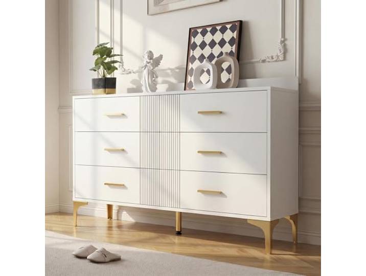 Kommode mit 6 Schubladen, Weiß Sideboard Wellenmuster,H76/B120/T40 cm Stabile Schienen, Kippsicherung, Feuchtigkeitsschutz durch erhöhte Füße,Für Wohnzimmer Schlafzimmer