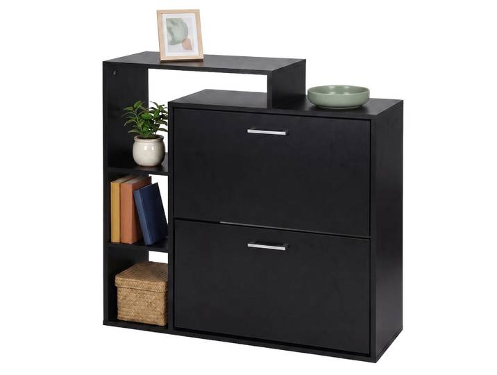 Relaxdays Schuhschrank Schwarz industriell 2 Klappen 90x80x23,5 cm, Holzwerkstoff, Kunststoff, 80x90x23.5 cm, Garderobe, Schuhaufbewahrung, Schuhkipper