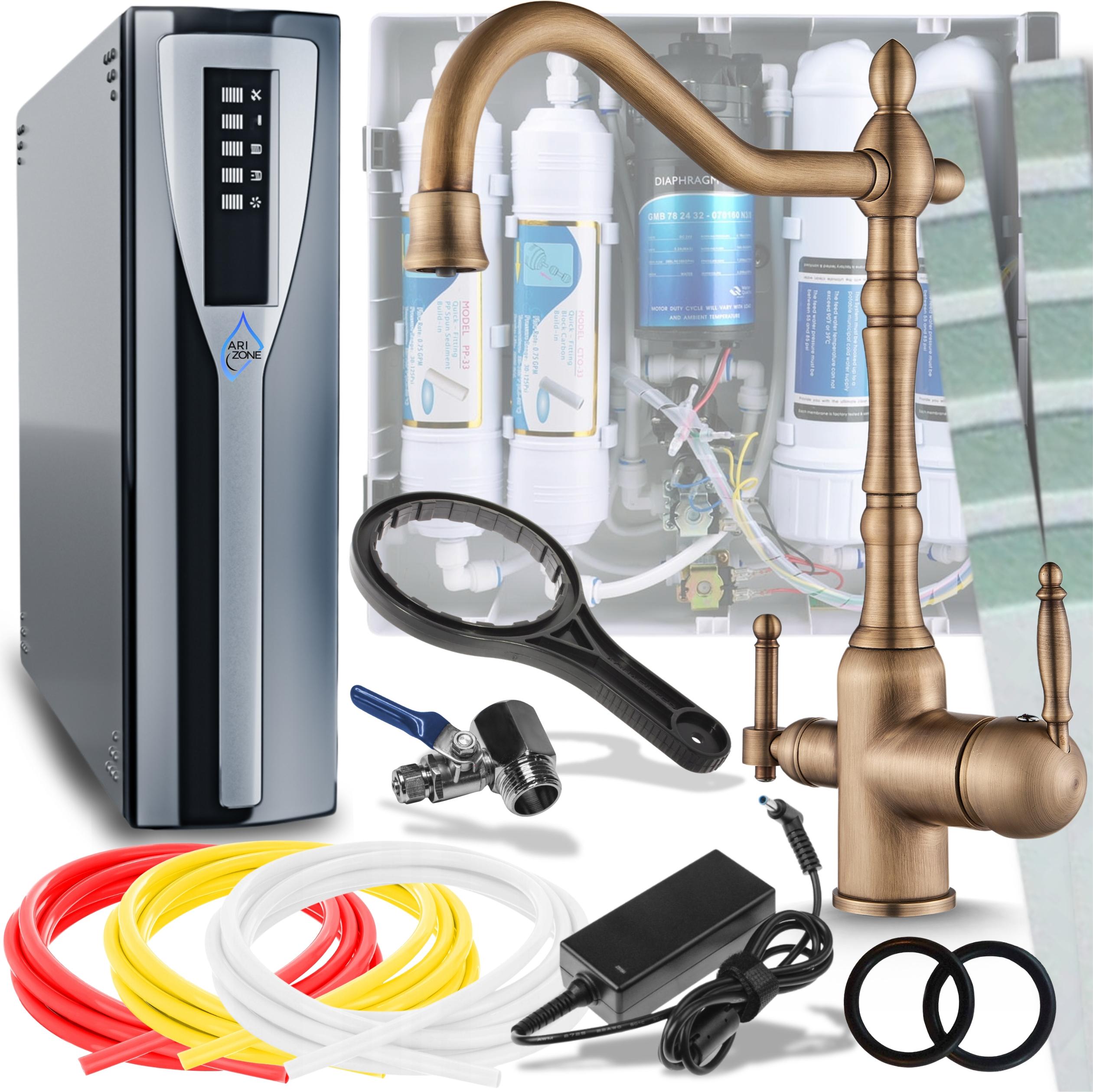 Ari Retro 2 3-Wege Küchenarmatur Antik Messing 360° mit RO Pad Umkehrosmose Wasserfilter Untertisch Nanofiltration