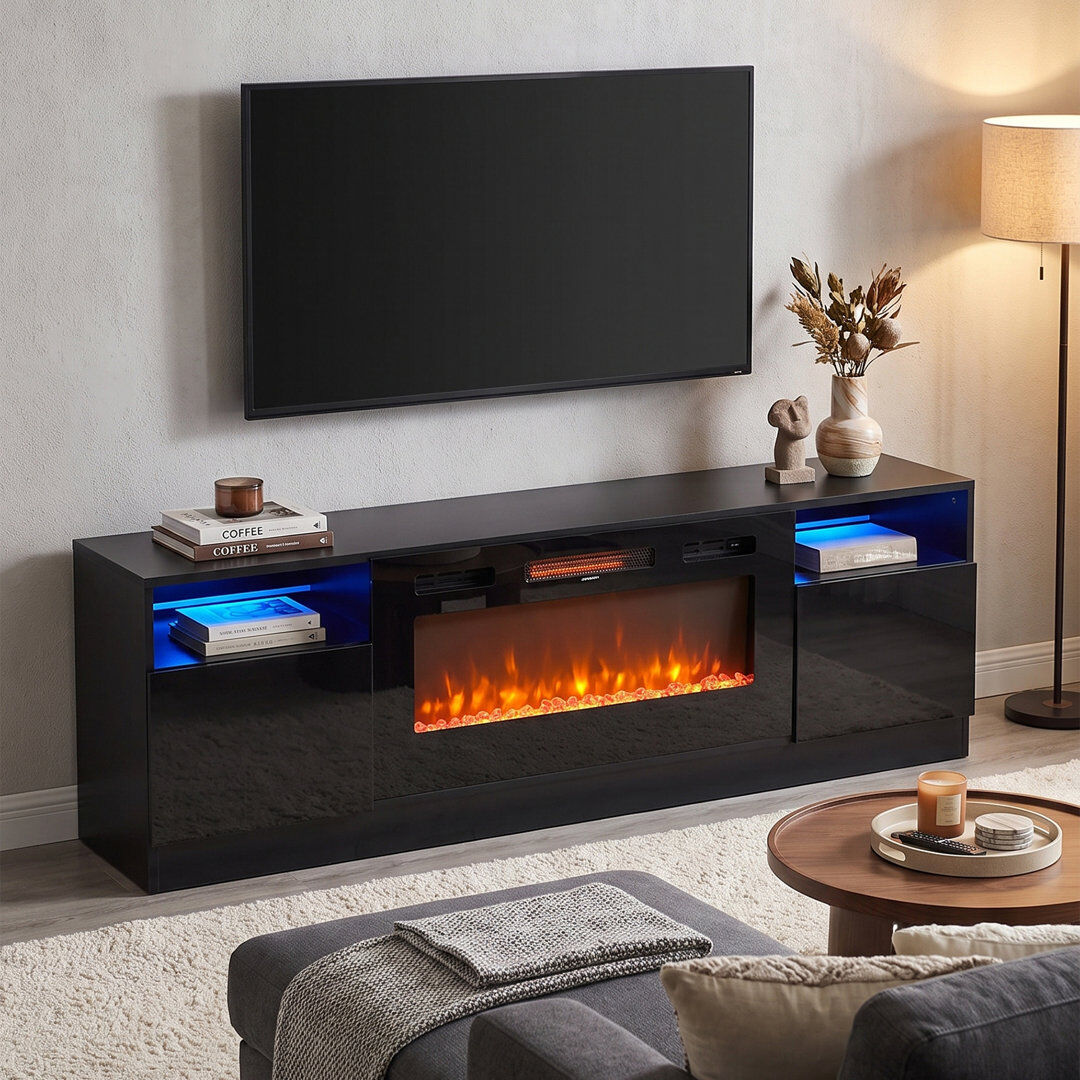Metro Borofsky Recessed Electric Fireplace TV Stand with Closed Storage Black 75"