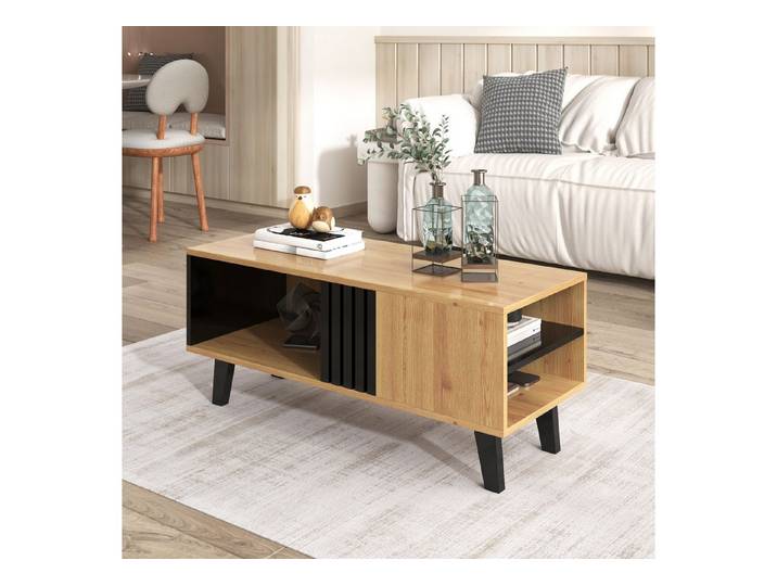 Furnishings Home Couchtisch Lowboard Ablagetisch Beistelltisch moderne Breite 100cm (vielseitiger Aufbewahrung, 100 x 60 x 45 cm), Wohnzimmertisch Mit offene Ablage, 3 Facher, Holzbeine