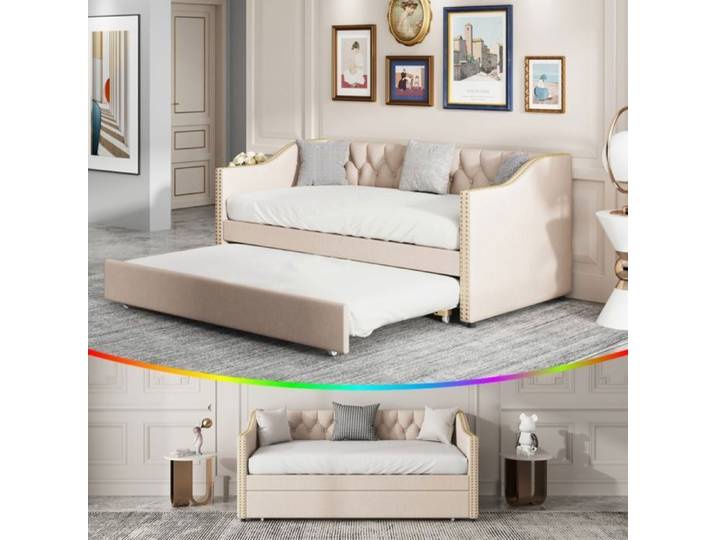 Canapé-lit Gigogne 90x200cm Canapé-lit Convertible avec sommier à Lattes Canapé Convertible Extensible sans Matelas Beige