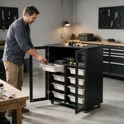 Timechee Black Garage Tool Cabinet with Tempered Glass Doors, 8 Removable Bins, Locking Casters