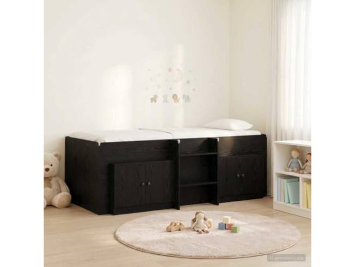 RJPLMFV Loft-Bettrahmen mit Schrank, 3 Stück, Schwarz, Holz Integrierte Leiter, Lattensystem inklusive, ohne Lattenrost, platzsparend, modernes Design