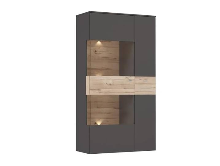 Forte Como Vitrine L 90, Moderne Vitrine mit 2 Türen, Wohnzimmervitrine, Vitrinenschrank, Holzwerkstoff, Uni Wolfram Grau/Stabeiche Holzdekor, 90,1 cm breit x 168,1 cm hoch x 41,3 cm tief