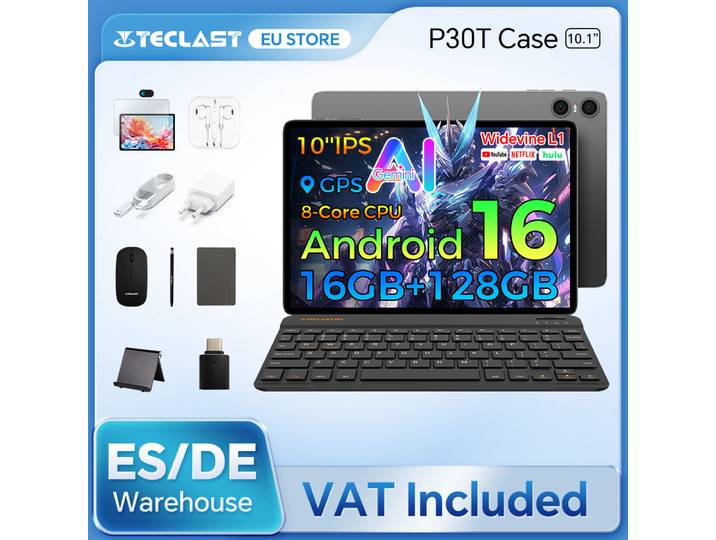 Étui Teclast P30T pour tablette 10,1 Ai Gemini Android 16 16 Go (3 Go + 13 Go d'extension) RAM 128 Go ROM, processeur 8 cœurs, clavier/étui/souris/stylo/écouteurs/support pour tablette tout-en-un
