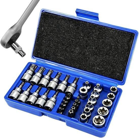 34-delige zilverkleurige dopsleutel en steeksleutel set met E-type ontwerp voor autoreparatie