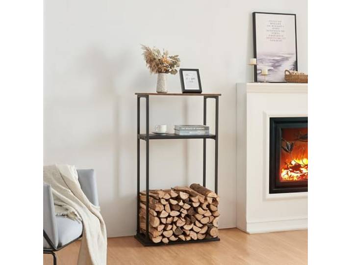 [en.casa] Kaminholzregal Turku Feuerholzständer mit 3 Ablagen Holzlager aus Stahl Brennholzregal Holzunterstand Brennholzständer für Innen 60x30x112cm Schwarz