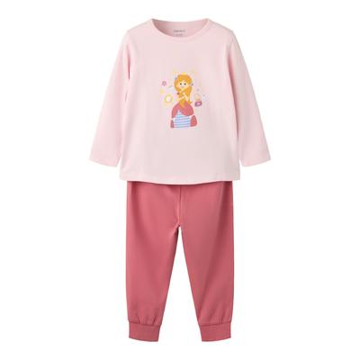 Schlafanzug NAME IT "NMFNIGHTSET PRINCESS", Mädchen, Gr. 110/116, parfait pink, Jersey, Obermaterial: 95% Baumwolle, 5% Elasthan, bedruckt, lang, Rundhals, gerader Abschluss, Homewear-Sets Schlafanzug, Baumwollmischung, bedrucktes Oberteil