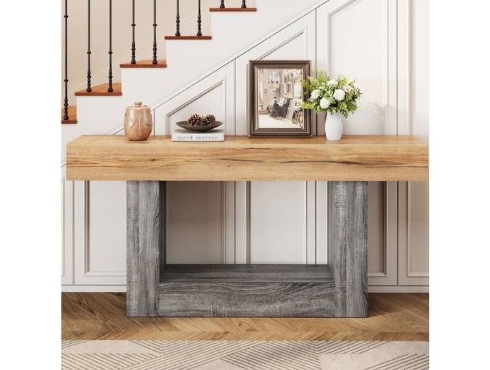 Console bicolore AESVAR aspect bois 160 x 30 x 82 5 cm avec étagère ouverte naturel et gris