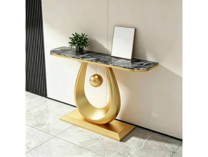 Decorative Entryway Table Thick Stone Tabletop Narrow Sofa Table For Porch 31.5 39.4 47.2 59 Length Modern End Tables Stable Base Coffee Table For Office Hallway Tables(Gold-3,59 )