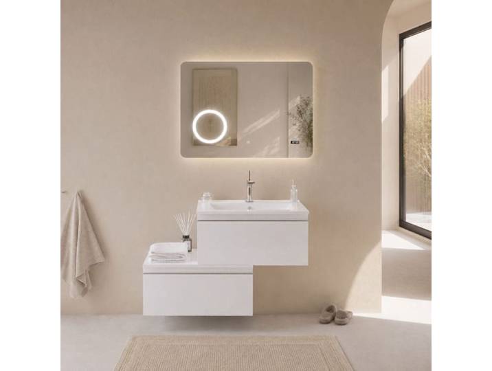 Meuble de salle de bain suspendu 2 tiroirs 90cm blanc brillant avec lavabo en céramique Seattle