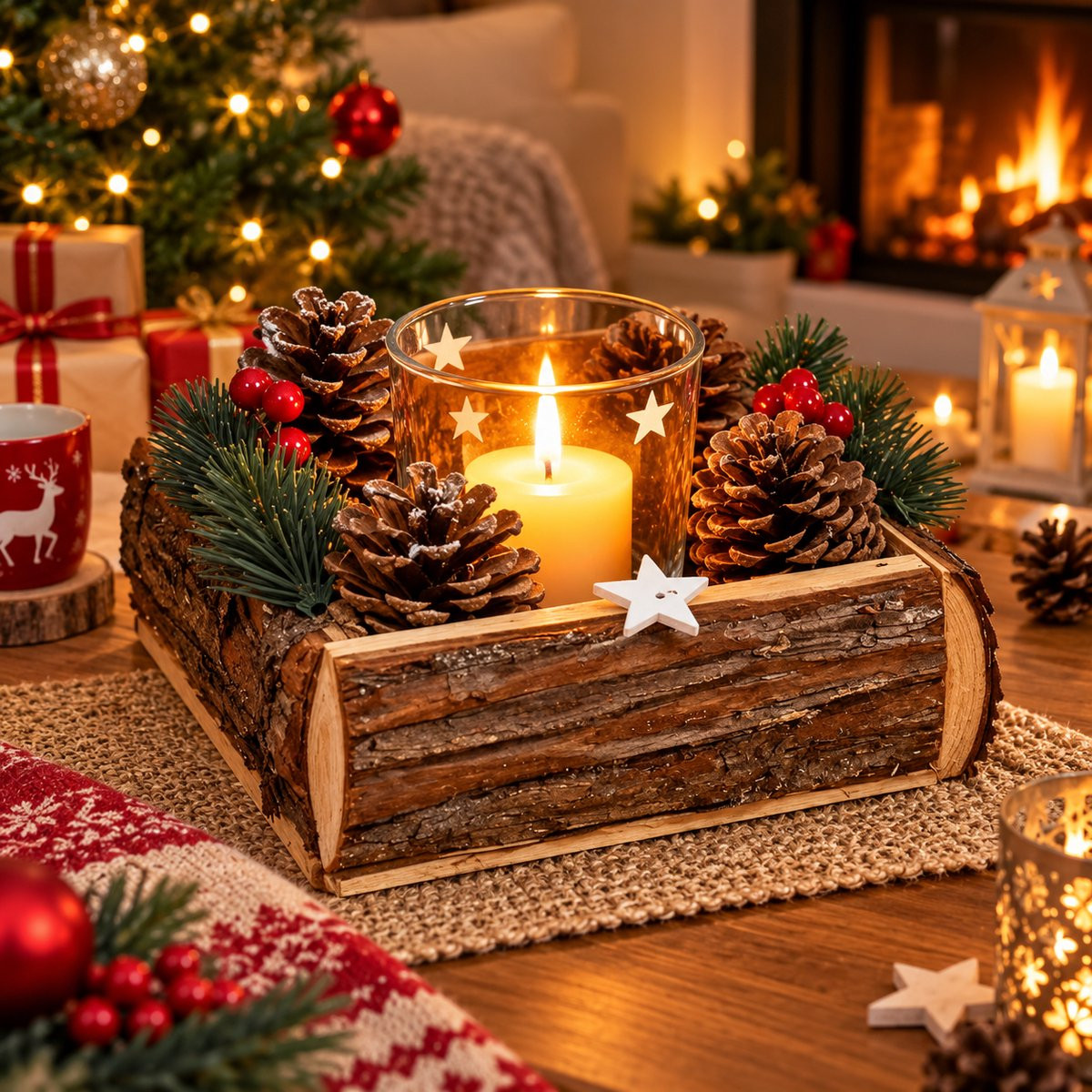 Rojellaa Houten Kerst Kandelaar met Glazen Houder en Dennenslingers