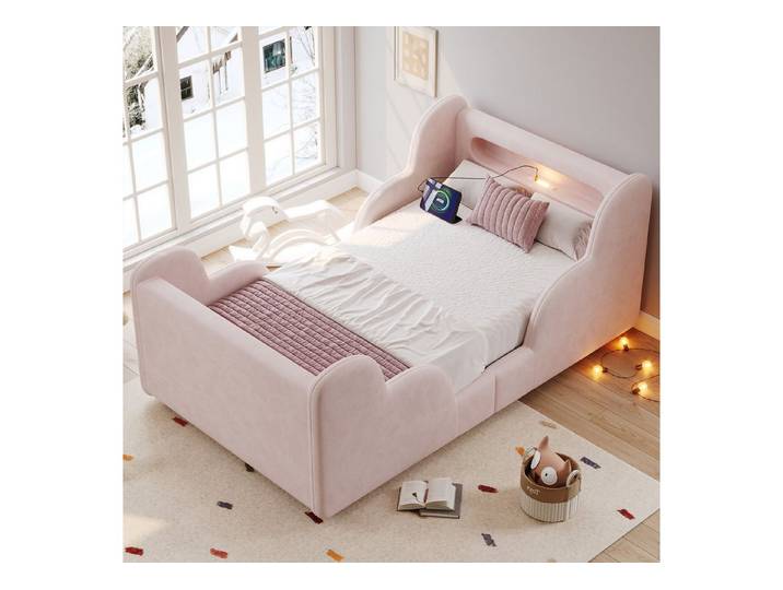 Celya Polsterbett Kinderbett, Einzelbett, mit Schutzgeländer (ohne Matratze, 90 x 200 cm, mit Bettbeine aus Massivholz), Strapazierfähig, fleckenabweisend und leicht zu reinigen