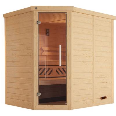 Sauna WEKA "Design-Sauna KEMI", beige (natur), Saunaofen, externe Steuerung, 4,5 kW, Saunen, Blockbohlen, vorgefertigte Elemente, moderne Ganzglastür