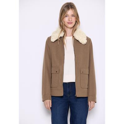 Fellimitatjacke STREET ONE STUDIO, Damen, Gr. 44, braun (cookie braun), Stoff, Obermaterial: 90% Polyester, 10% Viskose. Futter: 100% Polyester. Kragen: 100% Polyester, unifarben, normal normal, V-Ausschnitt, Bündchen, Jacken, mit Kragen
