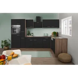 Respekta Küchenprogramm Eiche York Winkelküche 310 cm inkl. E-Geräte & Mineralite Einbauspüle, schwarz