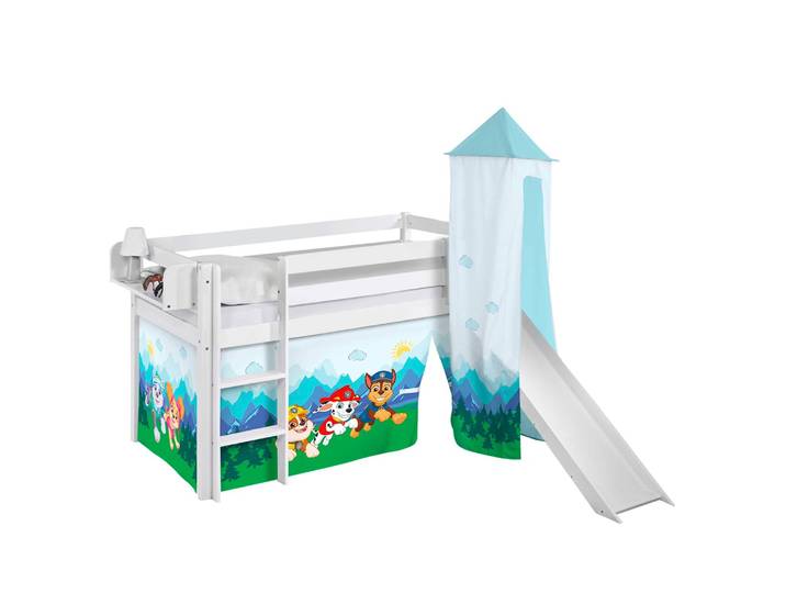 Lit mezzanine Pat’Patrouille I 90 x 200cm Blanc/Bleu clair Avec toboggan et tour