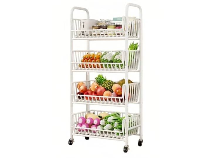 Kx9Lb8d Rollwagen 4-stufiger Rollwagen for Obst und Gemüse, beweglicher Obst- Gemüsekorb for die Küche, Aufbewahrungsregal(Weiß,Groß)