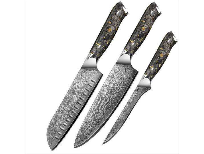 KingLux Messer-Set 3tlg.Damast Küchenmesser Damaszener Stahl Chef Santoku Filetiermesser (3-tlg)
