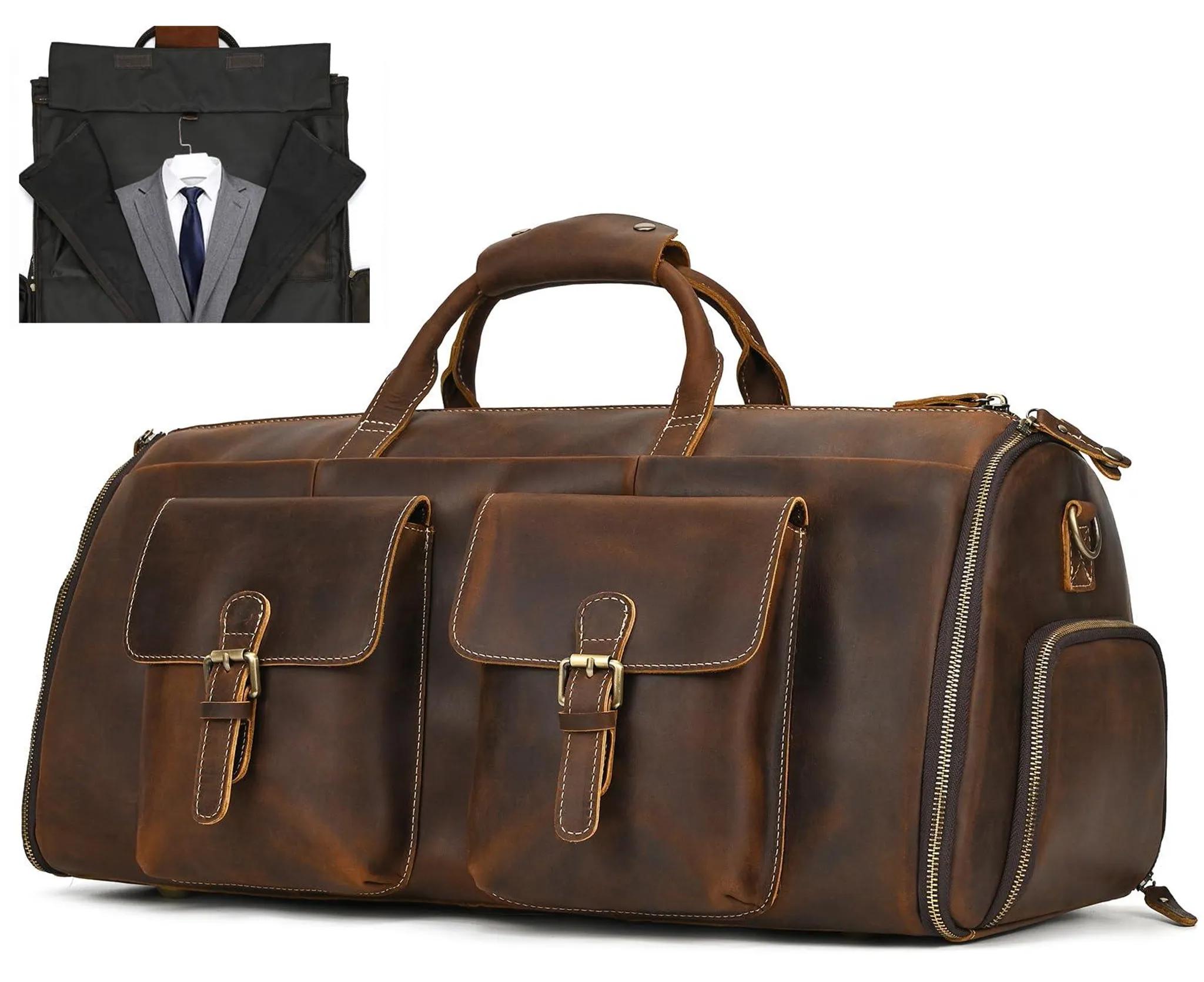 Reisetasche Herren aus Büffelleder braun, 2-in-1 Kleidersack mit Schuhfach, 45 l