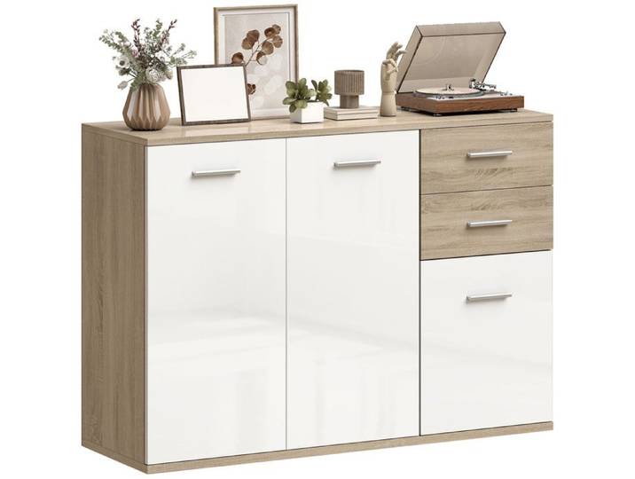 Buffet contemporain MARINHA blanc laqué et aspect bois naturel