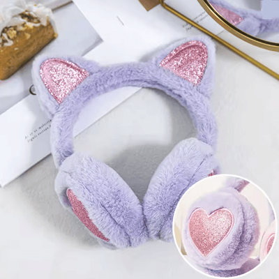 Inspire Essentials Winter Warm Plush Cat Ear Earmuffs For Women Girls And Kids heart Purple