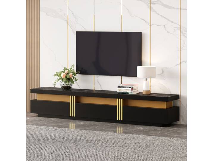 Meuble TV - ZEVKOR - Meuble TV 200 cm - 3 tiroirs - Effet marbre - Noir