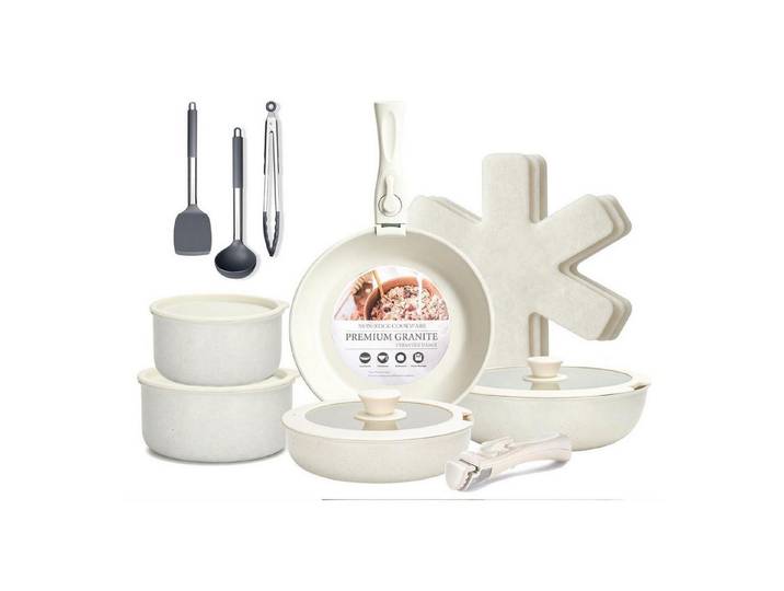 LuxusKollektion Topf-Set Kochgeschirr Set 18-teilig mit abnehmbaren Griffen Sahne Weiss
