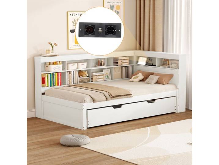 Lit banquette 90x200 avec lit gigogne 90x190 cadre en bois massif et port USB