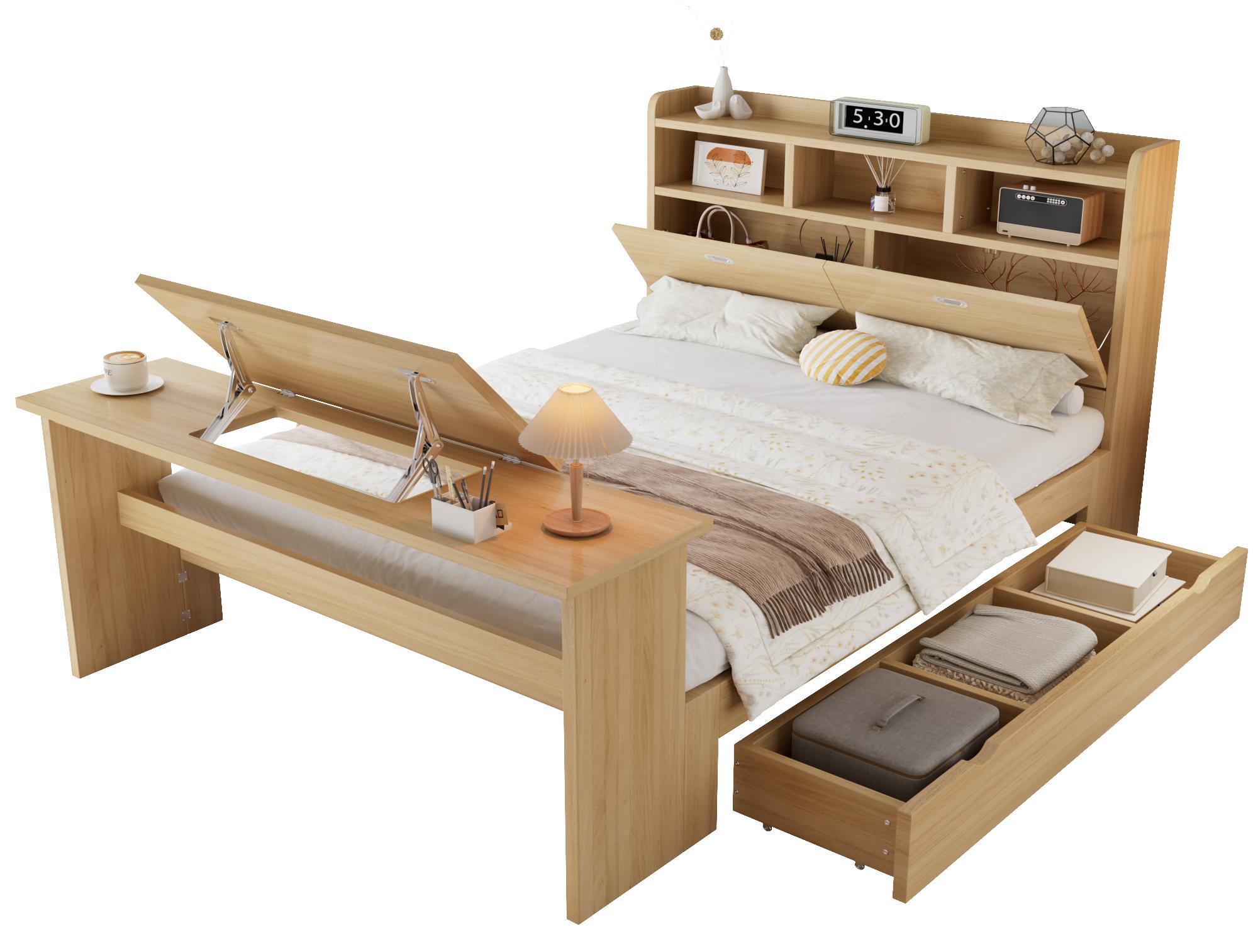 Kinderbett mit Stauraum und Klapptisch, mit Lattenrost, Regal, Schrank, Schubladen und Klapptisch, Holzbett, Stauraumbett, 140x200 cm