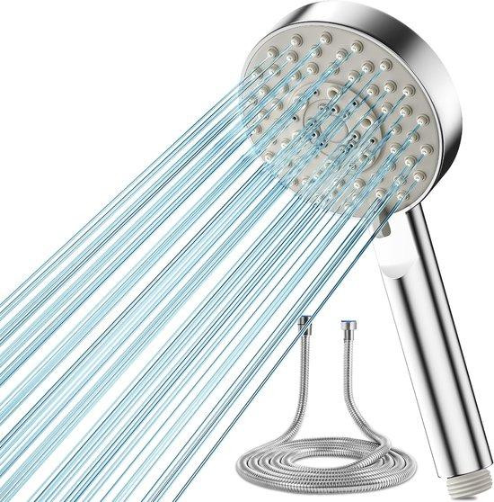 Unyqoos Waterbesparende handdouche met 5 straalstanden, turbotechnologie en 2 meter roestvrijstalen slang, verchroomd