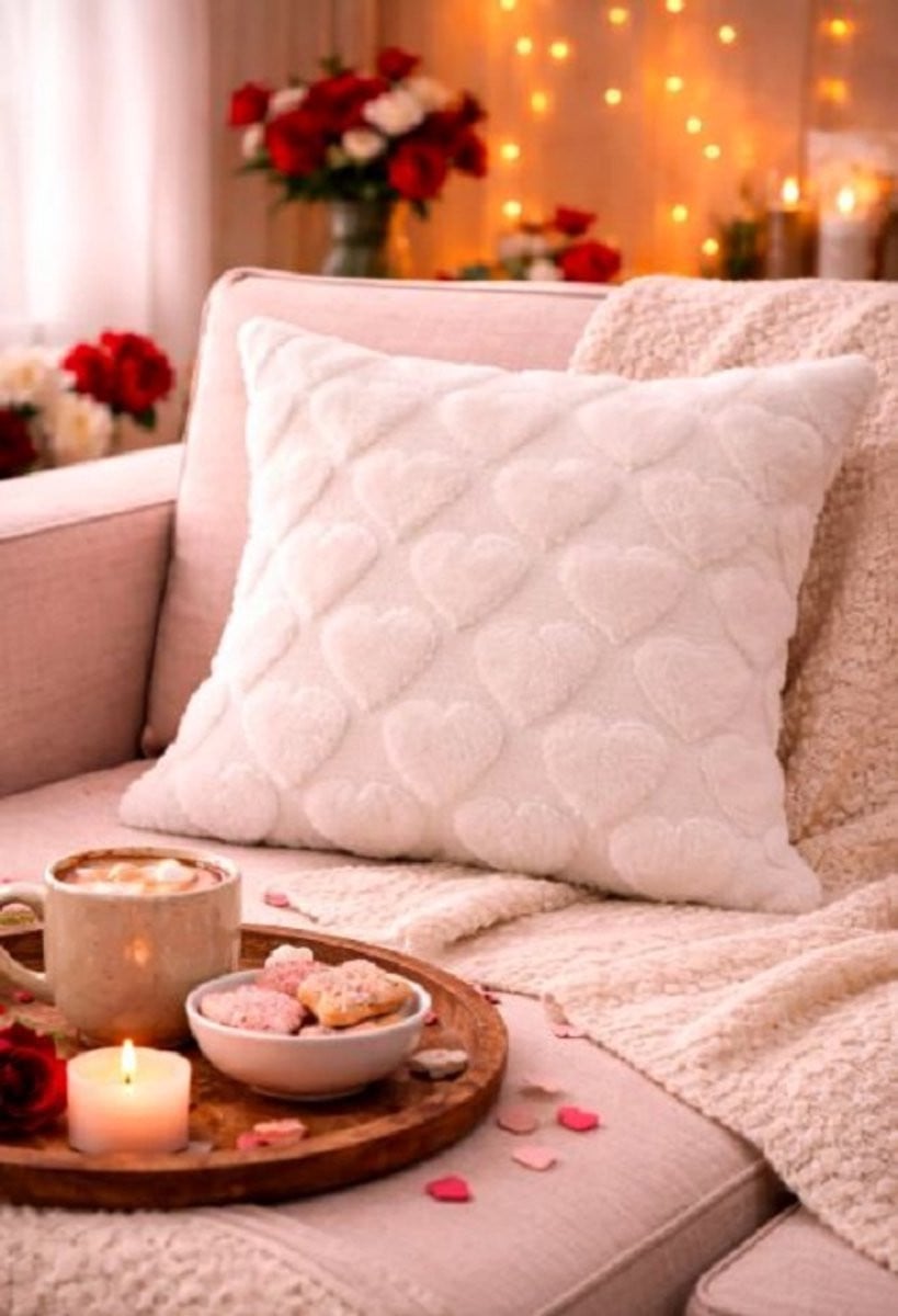 Velvet Fluffy Heart Collection Kussenhoes - Wit - 45 x 45 cm