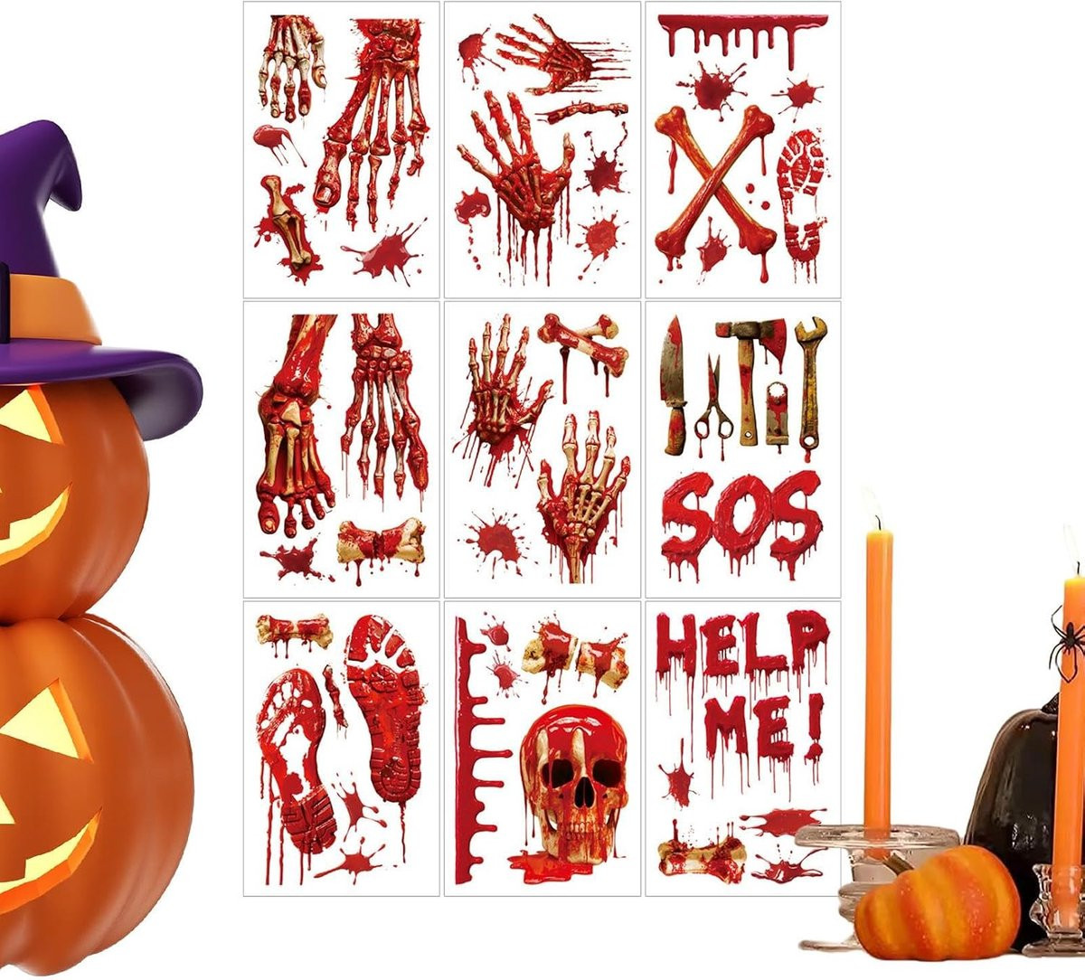 Halloween Raamfolie met 9 3D Bloederige Ontwerpen in Bloedrood voor Spookachtige Decoratie