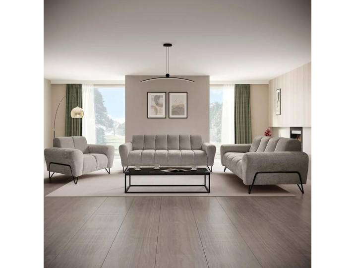 Polsterset VOLARE - Moderner Sitzgarnitur - Sessel + Sofa 2-Sitzer & 3-Sitzer - Chenille Storm in Kühles Beige, dekorative schwarze Metallbeine
