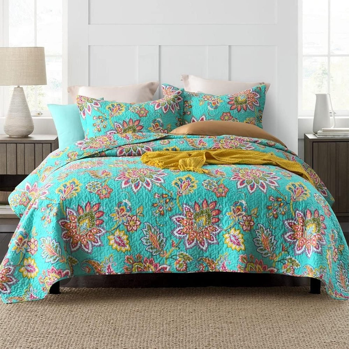 Omkeerbare katoenen sprei quiltset met paisley bloemen, Kingsize beddengoed voor volwassenen