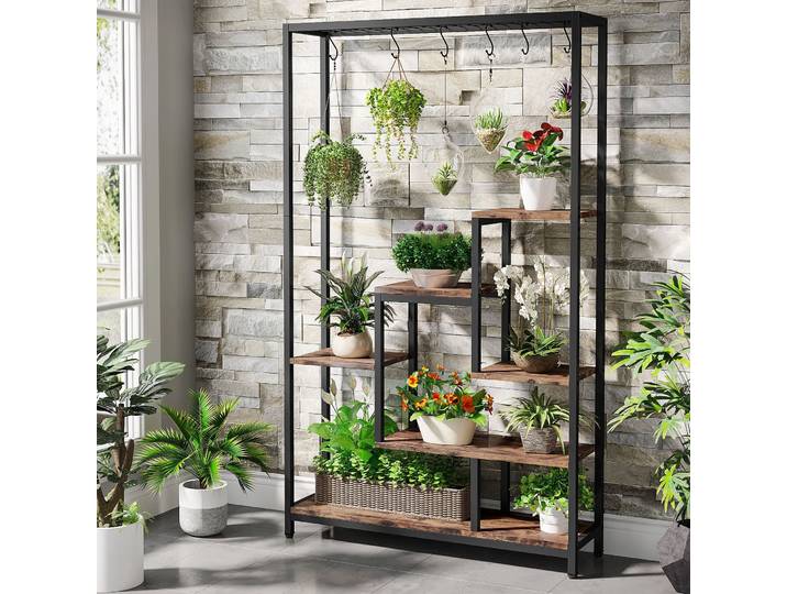 Tribesigns Support pour plantes d'intérieur à 5 niveaux de hauteur, grande étagère pour plantes en métal de 70,9 pouces avec 10 crochets de suspension pour le jardin
