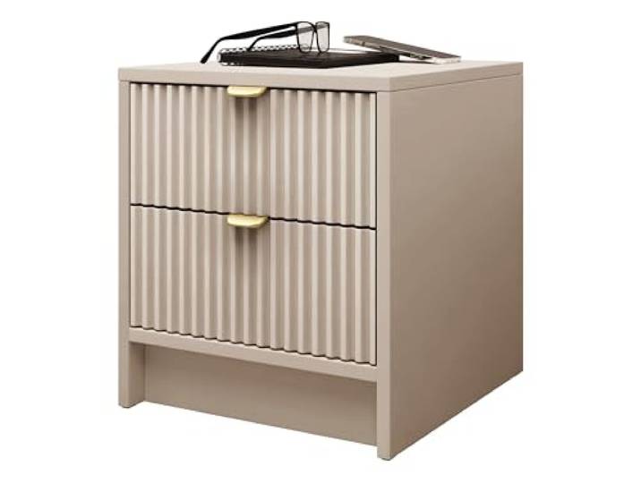 Mirjan24 Nachttisch Tireno 2SZ mit 2 Schubladen (Sandbeige) Nachtkommode mit geriffelten Fronten, goldfarbenen Aluminiumgriffen und Antirutschfüßen für Bücher, Brille und Zubehör