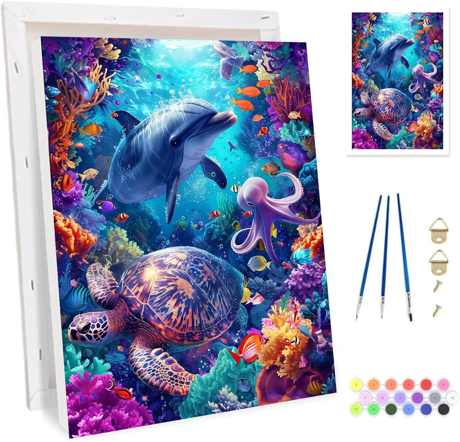 Paint by Numbers Set Zee Schildpadden en Dolfijnen met Acrylverf en Houten Ezel voor Beginners