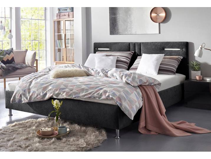 Polsterbett, 190x210 cm, Microfaser, Schwarz, Mit LED-Beleuchtung, Modern