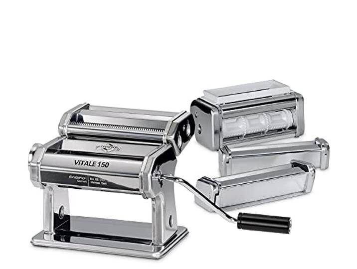 KÜCHENPROFI Nudelmaschine VITALE 150 Set, 6 Aufsätze, 7 Teigstärken manueller Pastabereiter, Edelstahlgehäuse, anodisiertes Aluminium, für Lasagne, Tagliatelle, Spaghetti, Reginette, Ravioli