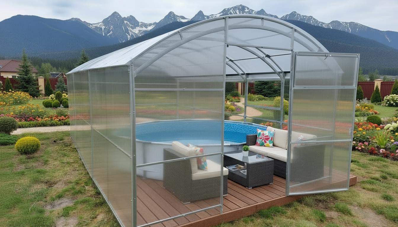 Poolabdeckung "Poseidon" von Garten Dream. 3x8M mit 4mm polycarbonate Ganzjährige Nutzung. Schnee- und winddicht. Türen auf jeder Seite. Rostschutz.