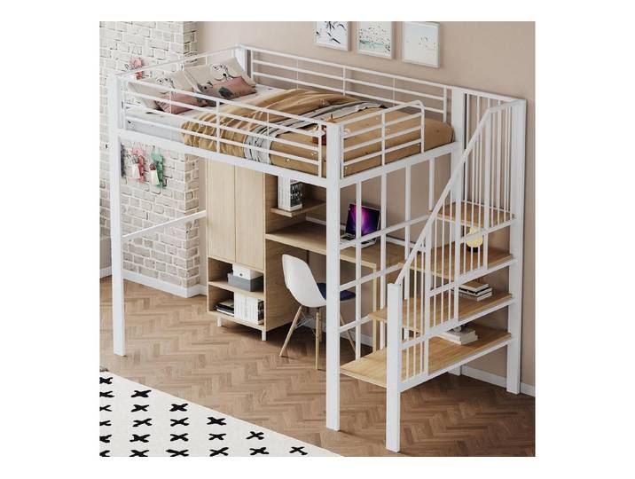 LuxusKollektion Metallbett Hochbett Metall 140x200 mit Leiter weiß